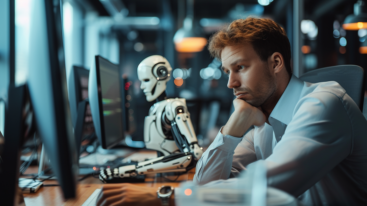 a robot and a person both are working on a PC doing their work. 