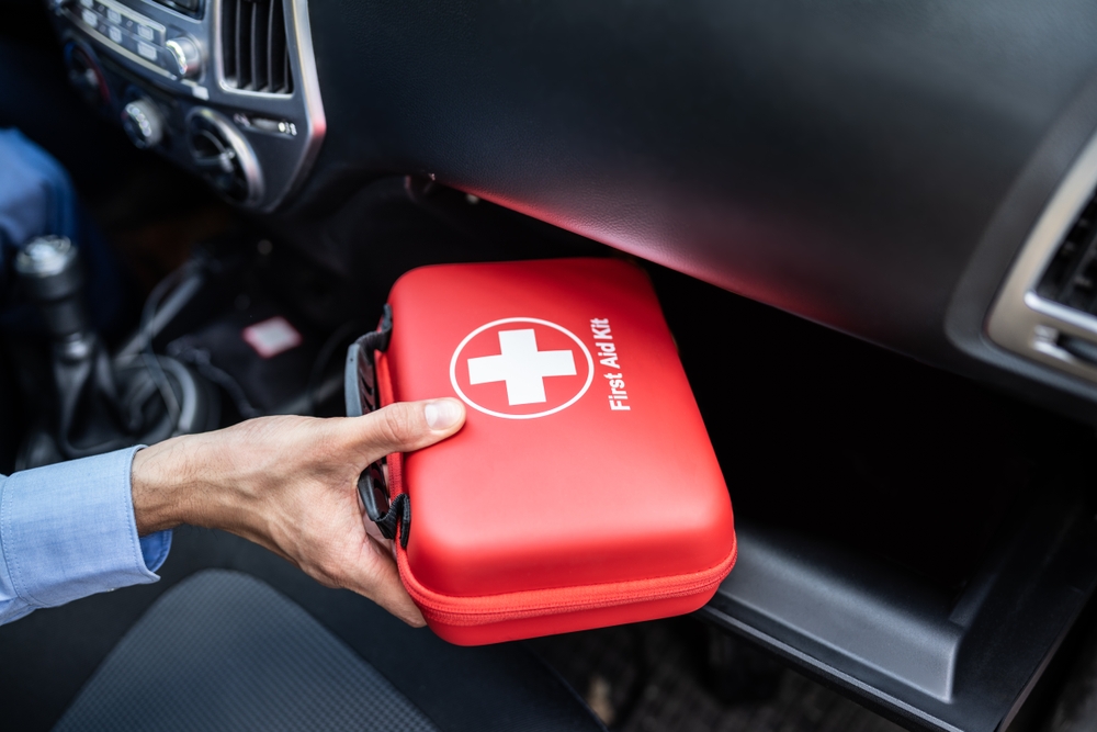 first aid kit in a car.